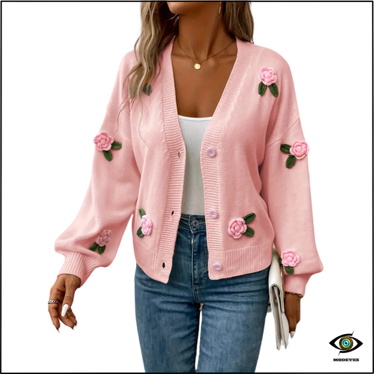 Modeyes - Cardigan con Fiori 3D di Primavera Donna